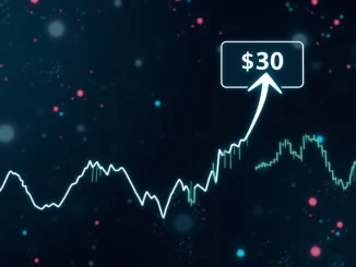 A crypto chart showing an XRP price target of $30, highlighted by a cup and handle pattern, symbolizing potential growth.