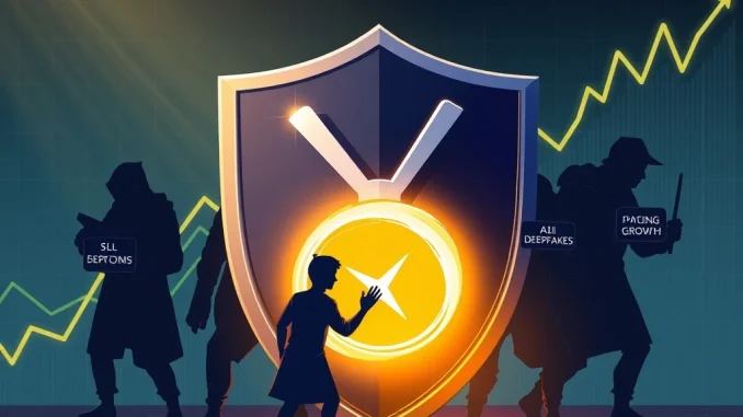 A digital shield protecting an XRP coin from various crypto scams, highlighting the urgent warning from Ripple CEO.