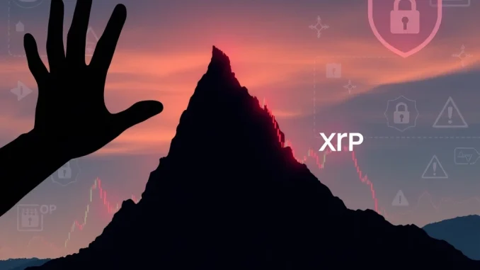 A rising XRP chart contrasted with a dark, deceptive hand reaching for digital assets, symbolizing the urgent threat of crypto scams amidst market rallies.