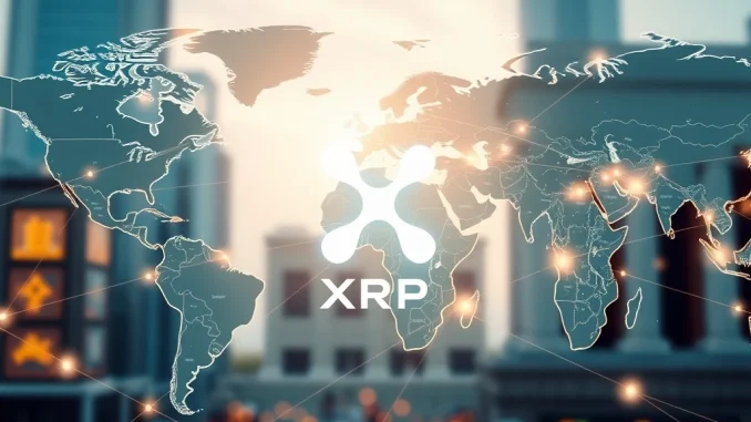 XRP logo at the center of a global network, symbolizing its role in revolutionizing cross-border payments and challenging SWIFT.