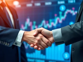 Two financial executives shaking hands, symbolizing 21Shares and Societe Generale's partnership to boost crypto ETP liquidity in Europe.