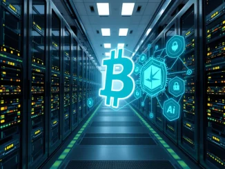 A futuristic data center illustrating AAS MINER's AI-driven Bitcoin cloud mining for optimized returns and sustainability.