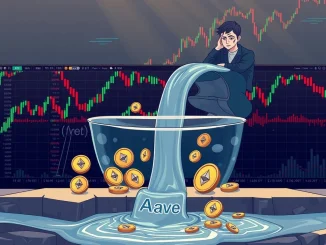 Depicts the Aave liquidity crunch with a torrent of Ethereum withdrawals, symbolizing the urgent DeFi market instability.