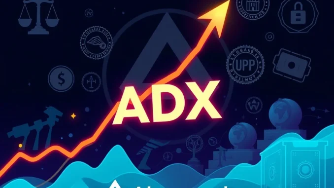 Chart showing a massive ADX token cryptocurrency surge, with regulatory symbols and institutional figures representing its driving forces.