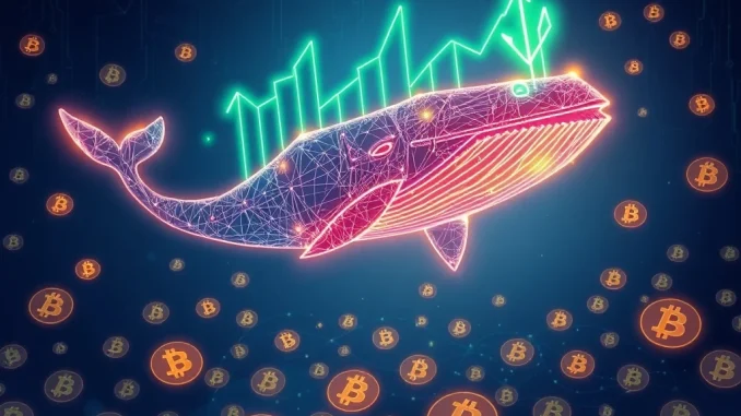 A powerful digital whale swimming through Bitcoin symbols, representing AguilaTrades' massive Bitcoin long position and high-stakes crypto trading.