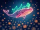A powerful digital whale swimming through Bitcoin symbols, representing AguilaTrades' massive Bitcoin long position and high-stakes crypto trading.