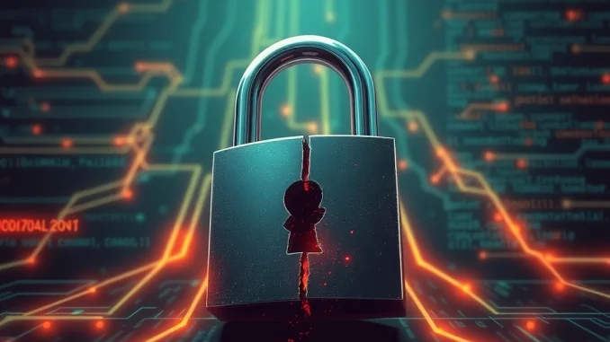 A digital padlock shattering, symbolizing a catastrophic data breach caused by AI code security vulnerabilities.