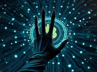 A digital representation of AI's growing influence on cryptocurrency, highlighting the critical AI crypto threat to blockchain security and investor trust.