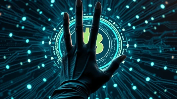 A digital representation of AI's growing influence on cryptocurrency, highlighting the critical AI crypto threat to blockchain security and investor trust.