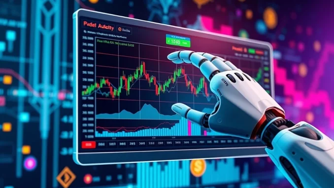 A robotic hand interacting with a digital screen showing cryptocurrency charts, representing AI crypto trading automation.