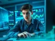 A young crypto trader calmly uses AI tools to manage market volatility, symbolizing a disciplined approach to AI crypto trading.