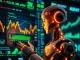 AI cryptocurrency market trends with futuristic robot analyzing data