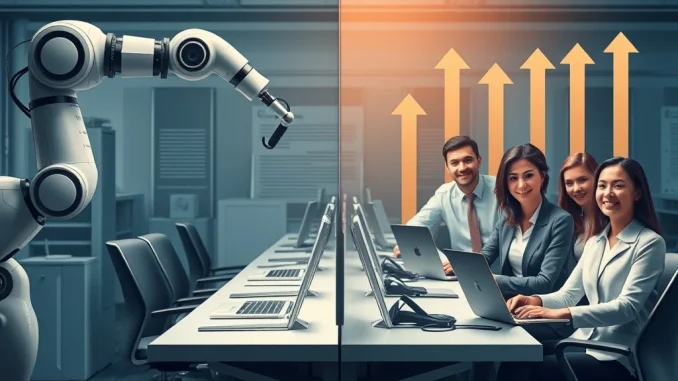 Illustration showing the dual AI impact on jobs: tech sector job cuts on one side, and non-tech professionals thriving with AI skills, leading to salary increases, highlighting the future of work.