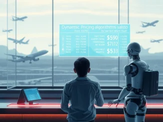A digital interface displaying AI pricing algorithms for airline tickets, highlighting the AI pricing controversy.