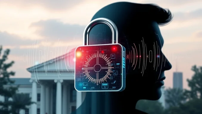 A digital lock overlaid with sound waves and a human profile, symbolizing the urgent need for robust AI voice clone security in banking to prevent fraud.