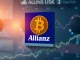Allianz executive shaking hands with a digital representation of Bitcoin, symbolizing the acceptance of Bitcoin as a credible store of value by a major financial institution.