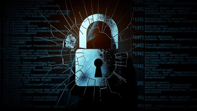 A digital lock icon shattered, symbolizing the critical Allianz Life data breach and compromised customer information.