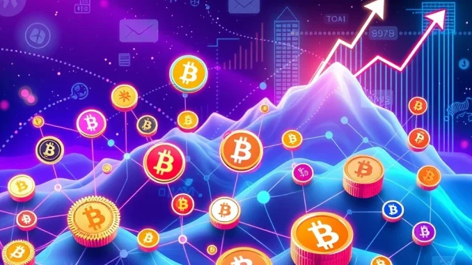 A diverse portfolio of digital assets, including altcoin investments, interconnected with DeFi, AI, and real-world asset symbols, illustrating strategic diversification.