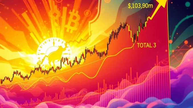 A dynamic chart visually confirming an Altcoin Market Breakout, showing the TOTAL3 index surging past $1.03 trillion due to a powerful triple confluence of bullish indicators.