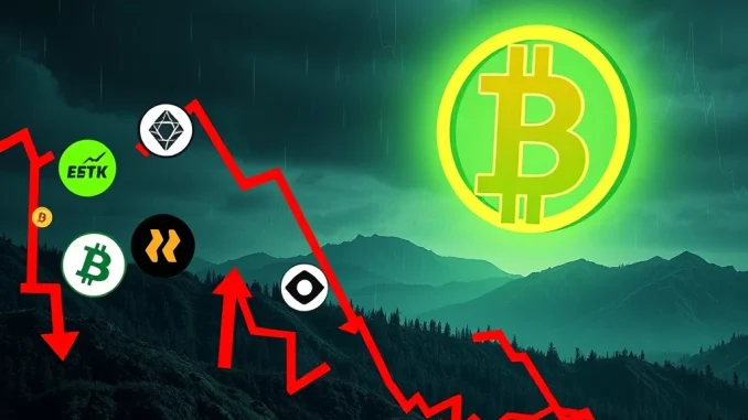 Altcoin Plunge: Five Major Tokens Suffer Devastating 18%+ Drops Amidst Leverage Unwinding Chart illustrating a significant altcoin plunge, with several digital coins falling sharply while Bitcoin remains stable, highlighting market volatility.