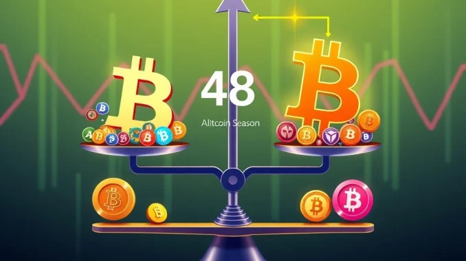 Visualizing the Altcoin Season Index at 48, illustrating the current shift in the crypto market towards Bitcoin dominance and altcoin performance.
