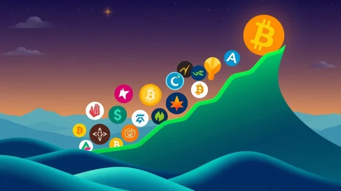 Visualizing altcoin season with a surging crypto market chart, indicating significant growth potential and a shift from Bitcoin dominance.