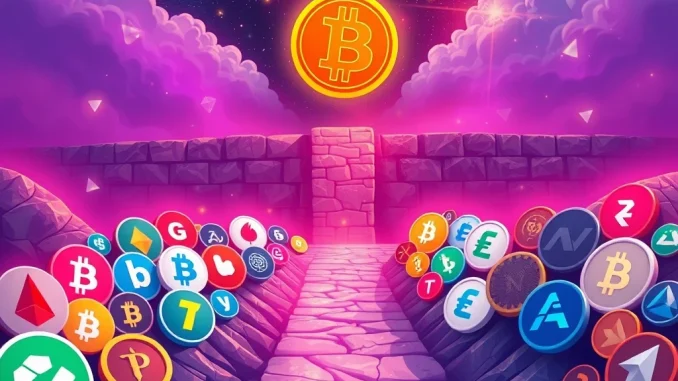 Visualizing altcoins pushing against a strong resistance level, symbolizing a critical crypto market turning point.