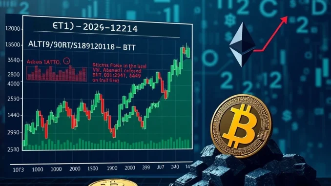 A visual representation of the perplexing altseason, showing altcoin charts flatlining while Ethereum rises, with Bitcoin providing a stable base.