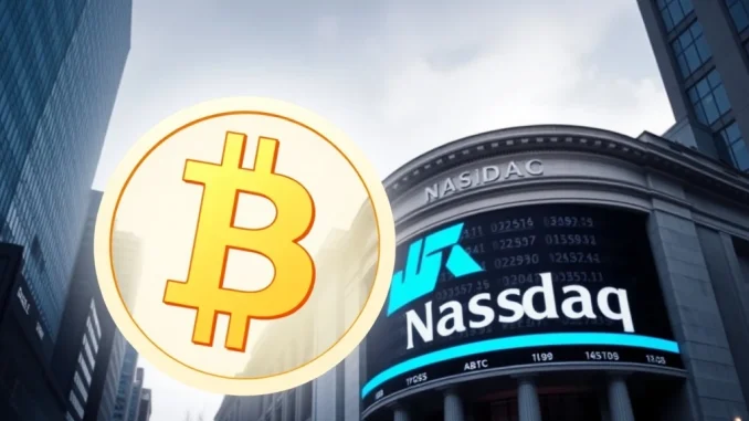 Visualizing American Bitcoin's ambitious Nasdaq listing, highlighting its entry into public markets backed by prominent figures.