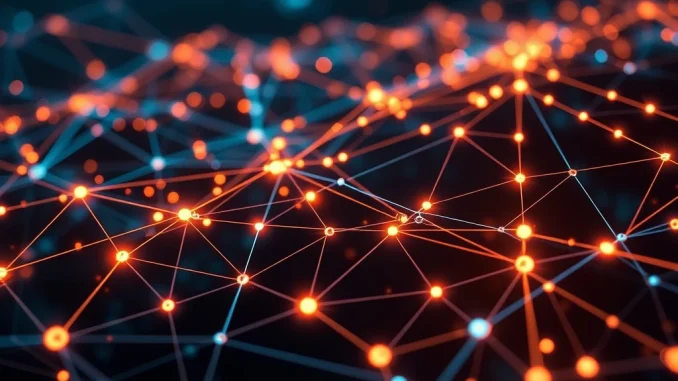 An abstract depiction of a resilient, interconnected anti-fragile internet, highlighting decentralized systems built by Oraichain, Pinlink, and RSS3.