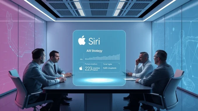 Apple executives discussing AI strategy with a holographic Siri interface