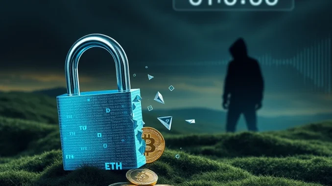 A digital lock shattering, symbolizing the Arcadia Finance DeFi hack and the urgent demand for stolen crypto funds.