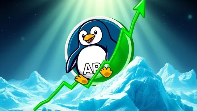 A digital illustration of the Arctic Pablo Coin logo, a penguin-themed cryptocurrency, soaring on a green financial chart, symbolizing its high ROI potential.