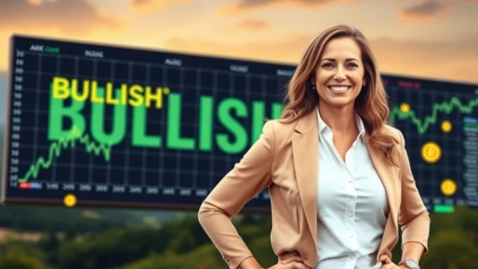 Cathie Wood, CEO of ARK Invest, looking at a stock chart with crypto elements, symbolizing their significant Bullish shares acquisition.