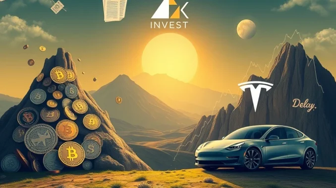 Ark Invest's strategic pivot from crypto holdings to Tesla, illustrating a major investment shift amidst Bitcoin news and ongoing SEC delays.