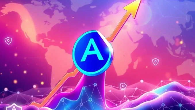A digital representation of the ARPA token symbol with an upward arrow, signifying its explosive ARPA price surge due to recent protocol upgrades.