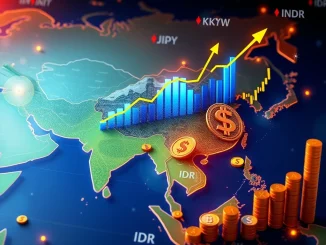 A dynamic graph showing rising Asia FX performance, overlaid with currency symbols and trade route lines, representing strategic currency gains.