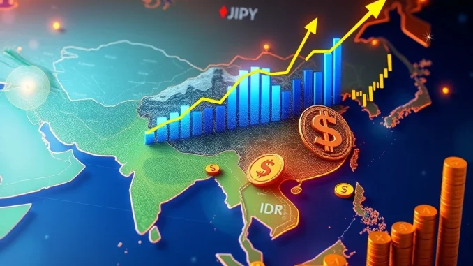 Asia FX: Unveiling Strategic Gains Amidst Crucial Trade Progress and Cooling Tokyo CPI A dynamic graph showing rising Asia FX performance, overlaid with currency symbols and trade route lines, representing strategic currency gains.