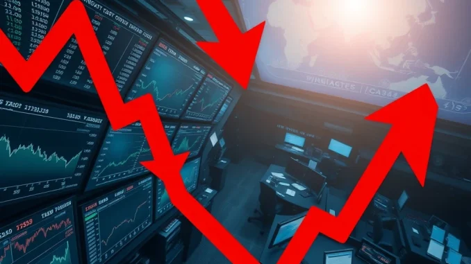 Asian shares impacted by trade tensions and Fed policy uncertainty, reflected in declining market charts and currency movements.