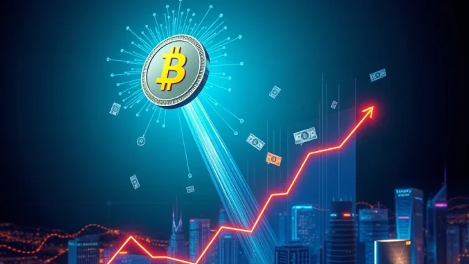 An upward-trending graph with an ATM crypto coin, symbolizing the dramatic surge driven by institutional crypto investment.