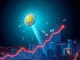 An upward-trending graph with an ATM crypto coin, symbolizing the dramatic surge driven by institutional crypto investment.