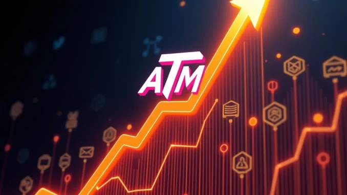 ATM cryptocurrency surges on a digital graph with glowing partnership icons in the background.