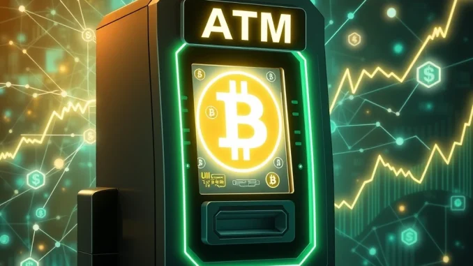 ATM cryptocurrency surging with blockchain network connections and rising price charts