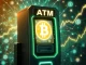 ATM cryptocurrency surging with blockchain network connections and rising price charts