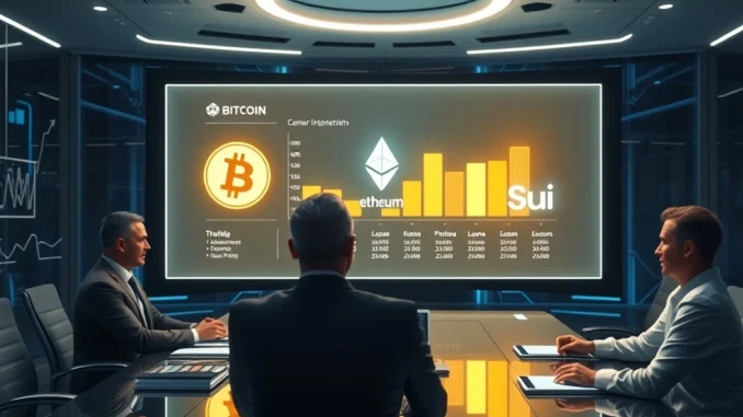 Aurora Mobile executives discussing crypto treasury strategy with Bitcoin and Ethereum charts in the background.