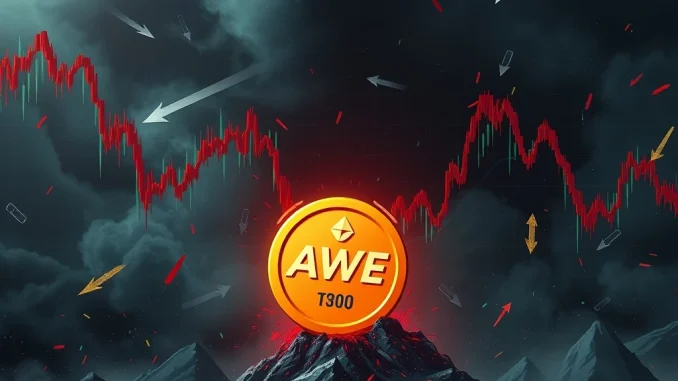 A chart showing a dramatic AWE crypto price drop, symbolizing extreme market volatility and investor uncertainty.