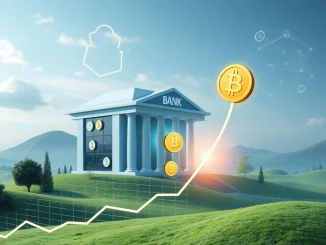 A visual representation of bank stablecoins integrating into traditional finance, leading to a projected stablecoin surge.
