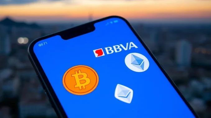 BBVA mobile app showcasing Bitcoin and Ethereum trading for retail customers in Spain