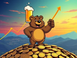 BeerBear meme coin character standing confidently, symbolizing its potential to achieve a BONK rally in the crypto market.