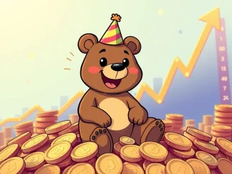 A cartoon bear celebrates a successful BeerBear crypto presale, symbolizing the potential for a 300% gain.